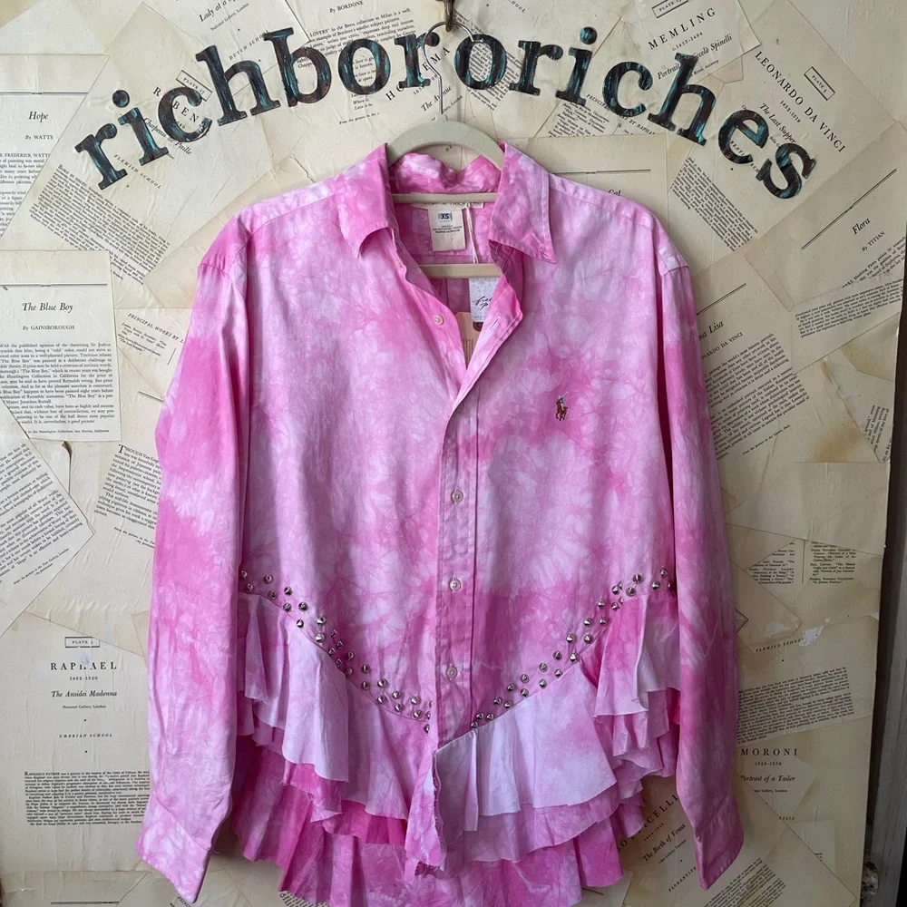 Free People Tricia Fix Heart Washed Top Ruffle Studded Pink Tye Dye - Picture 4 of 5